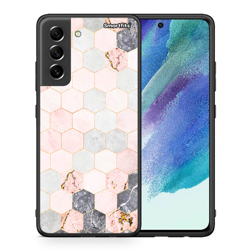 Θήκη Samsung S21 FE Hexagon Pink Marble από τη Smartfits με σχέδιο στο πίσω μέρος και μαύρο περίβλημα | Samsung S21 FE Hexagon Pink Marble case with colorful back and black bezels