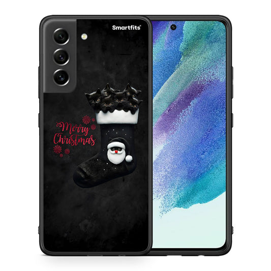 Θήκη Samsung S21 FE Merry Cat Christmas από τη Smartfits με σχέδιο στο πίσω μέρος και μαύρο περίβλημα | Samsung S21 FE Merry Cat Christmas case with colorful back and black bezels