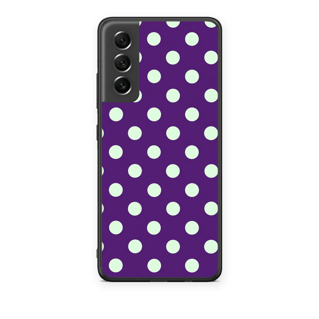 Θήκη Samsung Galaxy S21 FE Mint Polka Dots on Purple από τη Smartfits με σχέδιο στο πίσω μέρος και μαύρο περίβλημα | Samsung Galaxy S21 FE Mint Polka Dots on Purple case with colorful back and black bezels