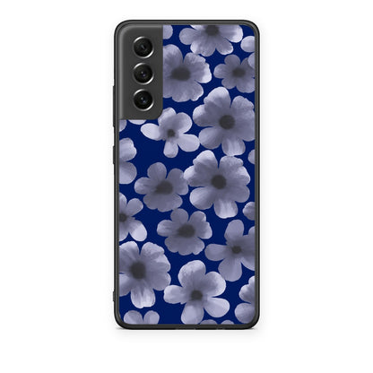 Θήκη Samsung Galaxy S21 FE Pale Blue Flowers on Navy από τη Smartfits με σχέδιο στο πίσω μέρος και μαύρο περίβλημα | Samsung Galaxy S21 FE Pale Blue Flowers on Navy case with colorful back and black bezels