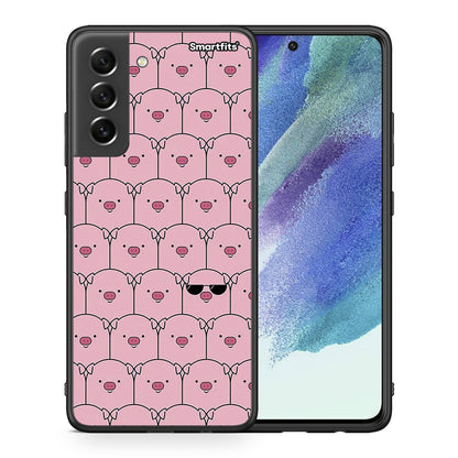 Θήκη Samsung S21 FE Pig Glasses από τη Smartfits με σχέδιο στο πίσω μέρος και μαύρο περίβλημα | Samsung S21 FE Pig Glasses case with colorful back and black bezels