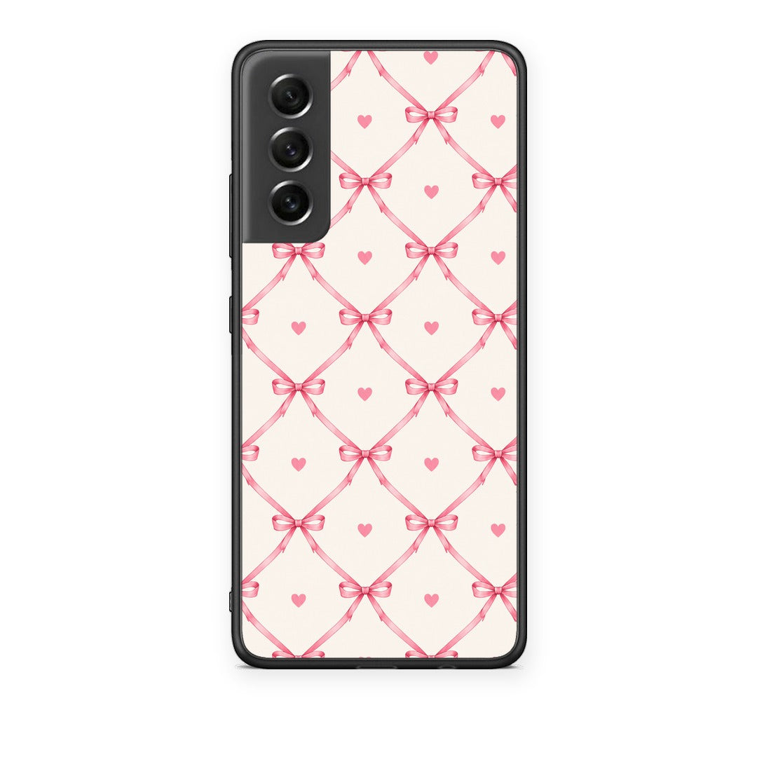 Θήκη Samsung Galaxy S21 FE Pink Bow Lattice and Hearts on Cream από τη Smartfits με σχέδιο στο πίσω μέρος και μαύρο περίβλημα | Samsung Galaxy S21 FE Pink Bow Lattice and Hearts on Cream case with colorful back and black bezels