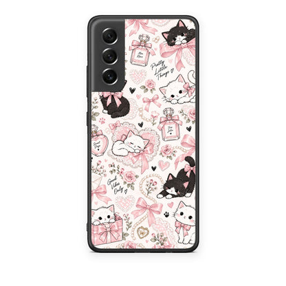 Θήκη Samsung Galaxy S21 FE Pink Bows and Kittens Collage από τη Smartfits με σχέδιο στο πίσω μέρος και μαύρο περίβλημα | Samsung Galaxy S21 FE Pink Bows and Kittens Collage case with colorful back and black bezels
