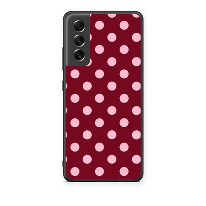 Θήκη Samsung Galaxy S21 FE Pink Polka Dots on Burgundy από τη Smartfits με σχέδιο στο πίσω μέρος και μαύρο περίβλημα | Samsung Galaxy S21 FE Pink Polka Dots on Burgundy case with colorful back and black bezels