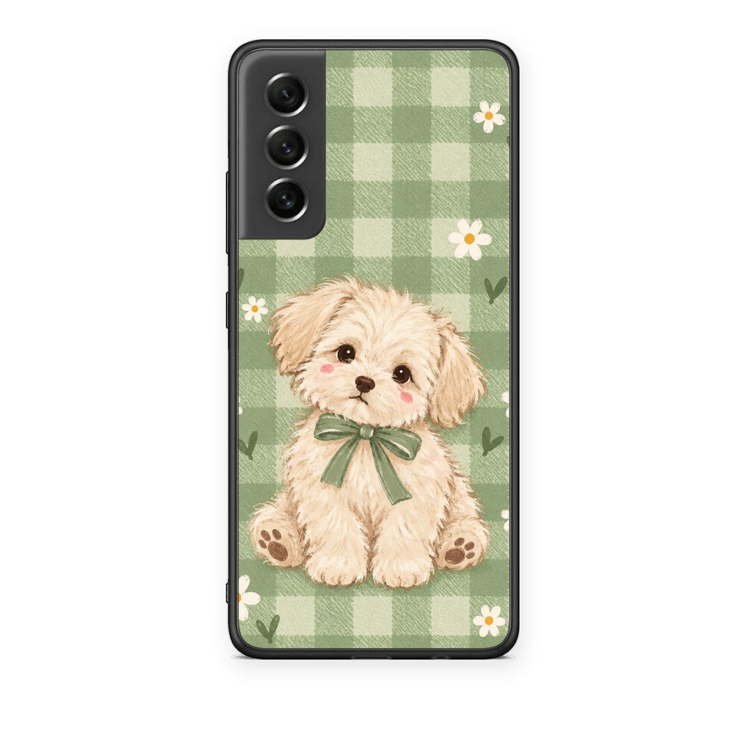 Θήκη Samsung Galaxy S21 FE Puppy and Daisies on Sage Gingham από τη Smartfits με σχέδιο στο πίσω μέρος και μαύρο περίβλημα | Samsung Galaxy S21 FE Puppy and Daisies on Sage Gingham case with colorful back and black bezels