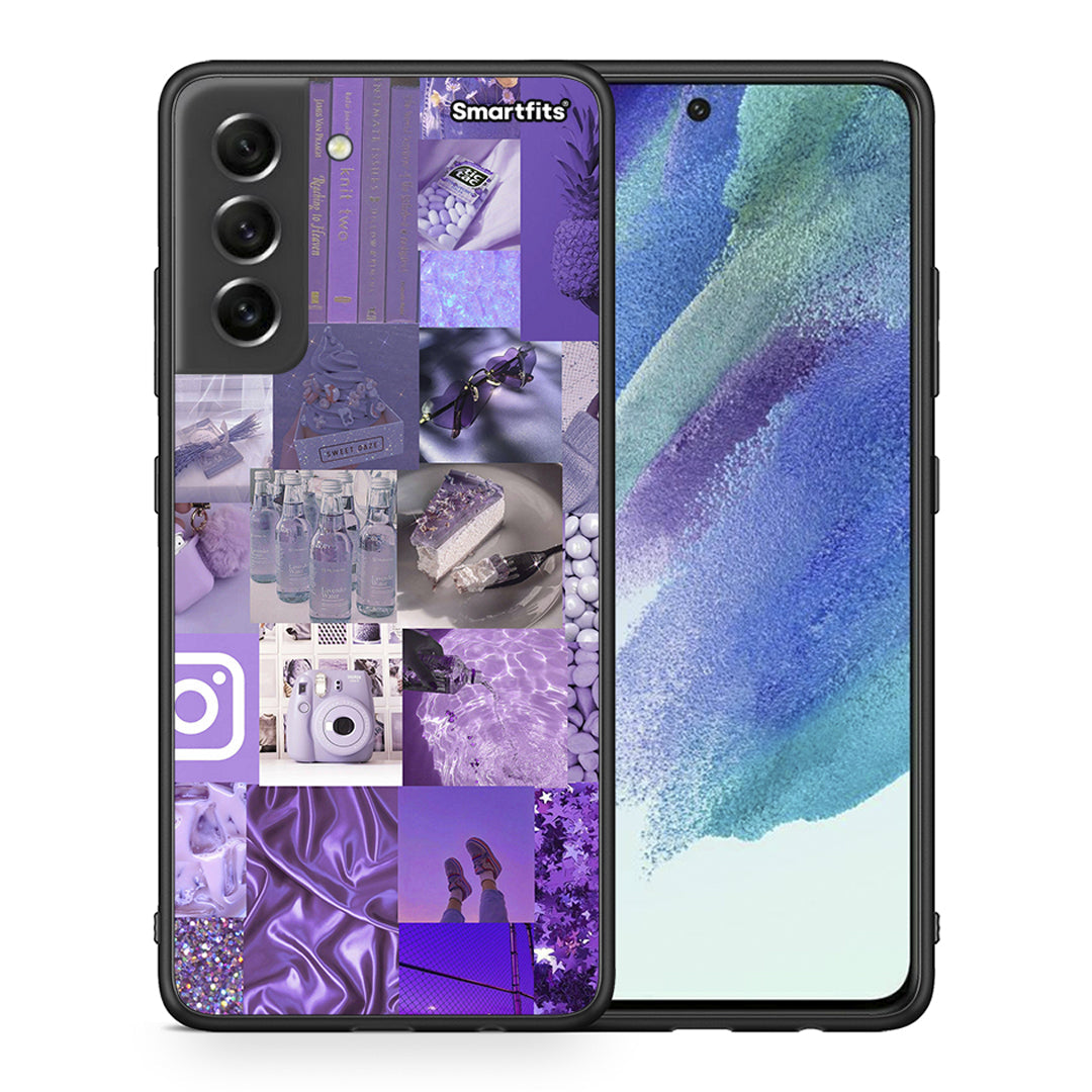 Θήκη Samsung S21 FE Purple Aesthetic Collage από τη Smartfits με σχέδιο στο πίσω μέρος και μαύρο περίβλημα | Samsung S21 FE Purple Aesthetic Collage case with colorful back and black bezels