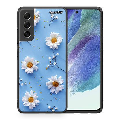 Θήκη Samsung S21 FE Real Daisies από τη Smartfits με σχέδιο στο πίσω μέρος και μαύρο περίβλημα | Samsung S21 FE Real Daisies case with colorful back and black bezels