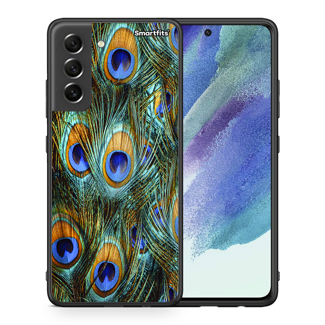 Θήκη Samsung S21 FE Real Peacock Feathers από τη Smartfits με σχέδιο στο πίσω μέρος και μαύρο περίβλημα | Samsung S21 FE Real Peacock Feathers case with colorful back and black bezels