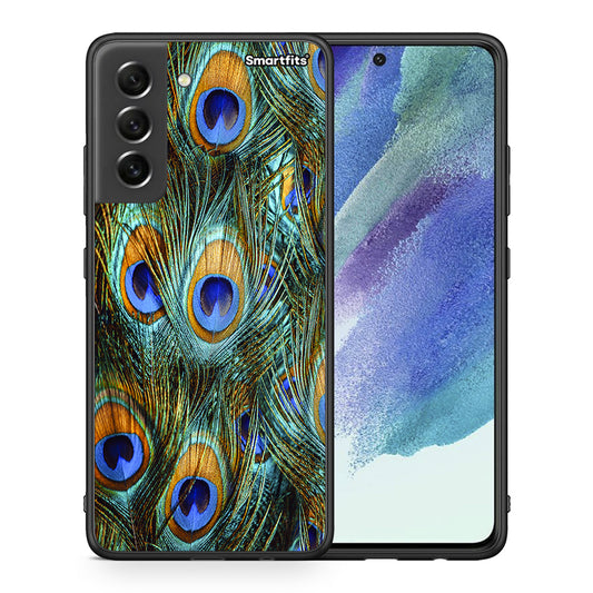 Θήκη Samsung S21 FE Real Peacock Feathers από τη Smartfits με σχέδιο στο πίσω μέρος και μαύρο περίβλημα | Samsung S21 FE Real Peacock Feathers case with colorful back and black bezels
