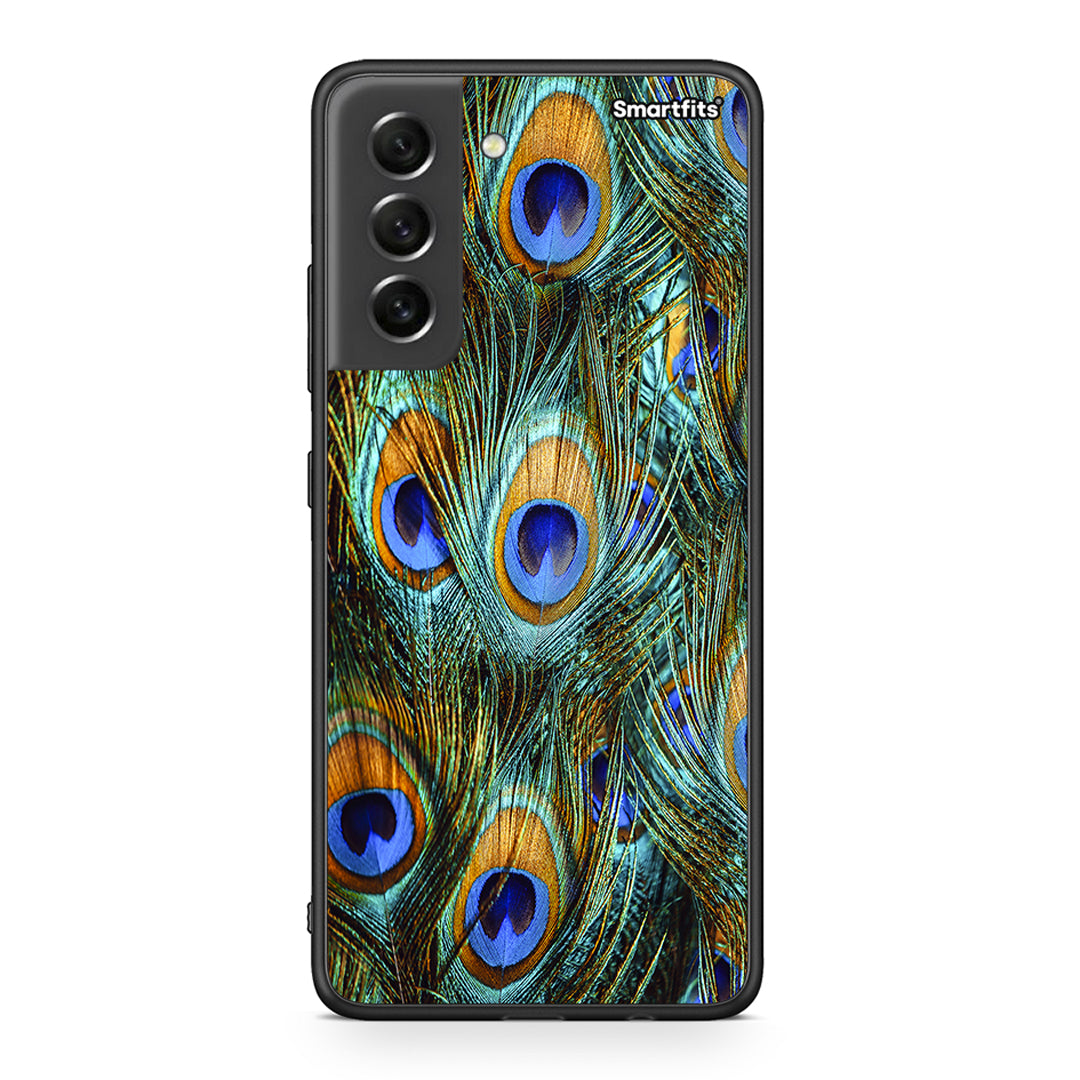 Samsung S21 FE Real Peacock Feathers θήκη από τη Smartfits με σχέδιο στο πίσω μέρος και μαύρο περίβλημα | Smartphone case with colorful back and black bezels by Smartfits