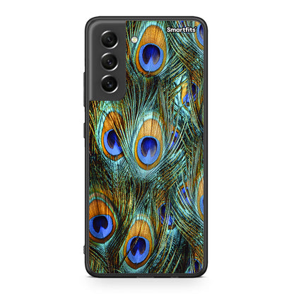 Samsung S21 FE Real Peacock Feathers θήκη από τη Smartfits με σχέδιο στο πίσω μέρος και μαύρο περίβλημα | Smartphone case with colorful back and black bezels by Smartfits