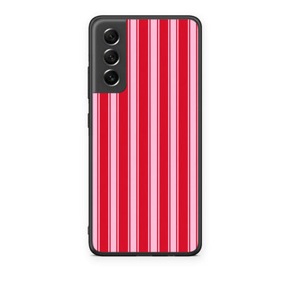 Θήκη Samsung Galaxy S21 FE Red and Pink Vertical Pinstripes από τη Smartfits με σχέδιο στο πίσω μέρος και μαύρο περίβλημα | Samsung Galaxy S21 FE Red and Pink Vertical Pinstripes case with colorful back and black bezels