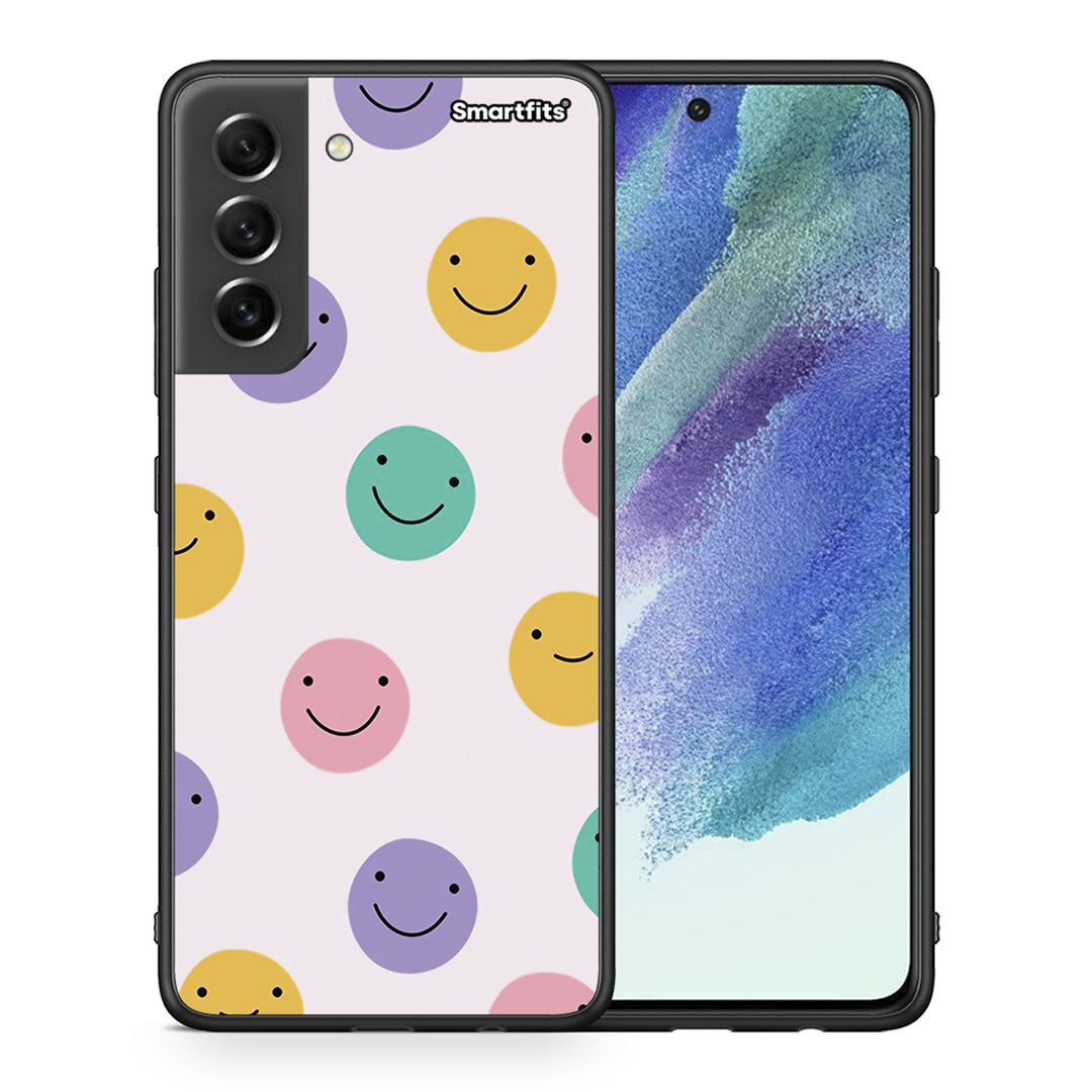 Θήκη Samsung S21 FE Smiley Faces από τη Smartfits με σχέδιο στο πίσω μέρος και μαύρο περίβλημα | Samsung S21 FE Smiley Faces case with colorful back and black bezels