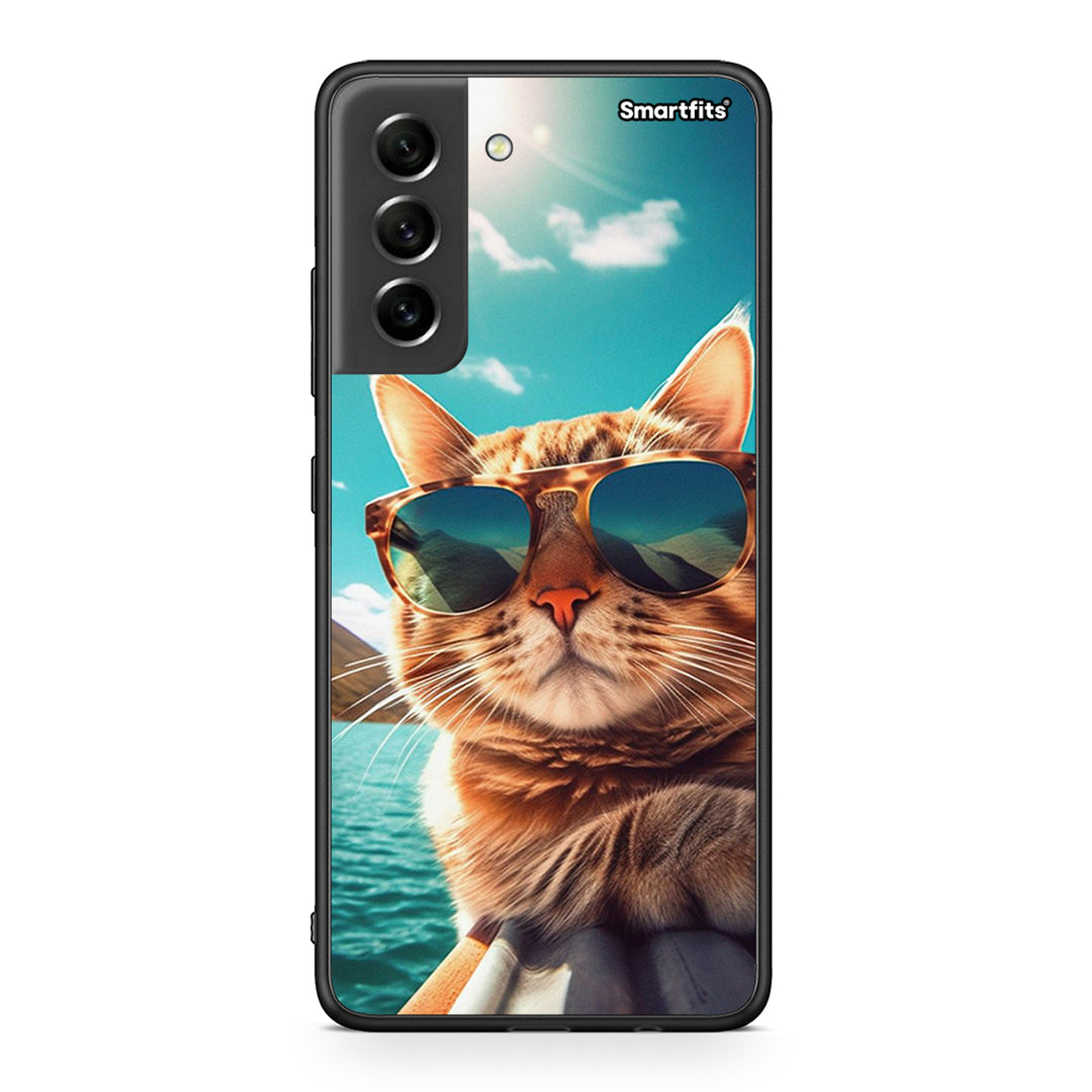 Samsung S21 FE Summer Cat θήκη από τη Smartfits με σχέδιο στο πίσω μέρος και μαύρο περίβλημα | Smartphone case with colorful back and black bezels by Smartfits