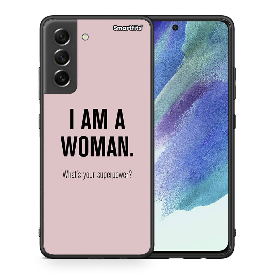 Θήκη Samsung S21 FE Superpower Woman από τη Smartfits με σχέδιο στο πίσω μέρος και μαύρο περίβλημα | Samsung S21 FE Superpower Woman case with colorful back and black bezels