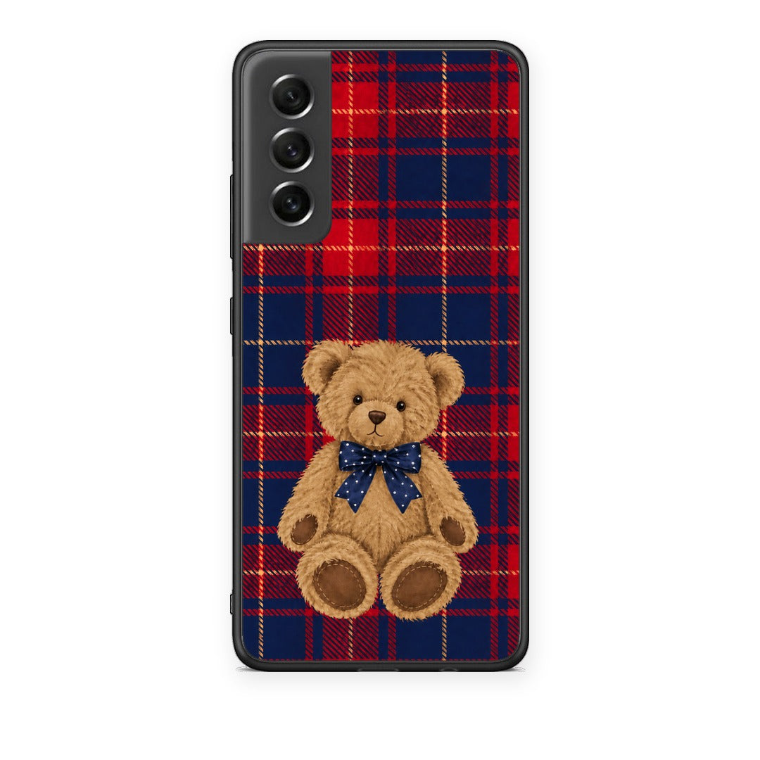 Θήκη Samsung Galaxy S21 FE Teddy Bear on Red and Navy Tartan από τη Smartfits με σχέδιο στο πίσω μέρος και μαύρο περίβλημα | Samsung Galaxy S21 FE Teddy Bear on Red and Navy Tartan case with colorful back and black bezels