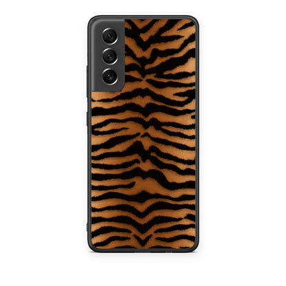 Θήκη Samsung Galaxy S21 FE Tiger Print Orange and Black από τη Smartfits με σχέδιο στο πίσω μέρος και μαύρο περίβλημα | Samsung Galaxy S21 FE Tiger Print Orange and Black case with colorful back and black bezels
