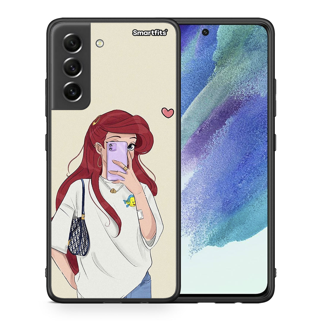 Θήκη Samsung S21 FE Walking Mermaid από τη Smartfits με σχέδιο στο πίσω μέρος και μαύρο περίβλημα | Samsung S21 FE Walking Mermaid case with colorful back and black bezels
