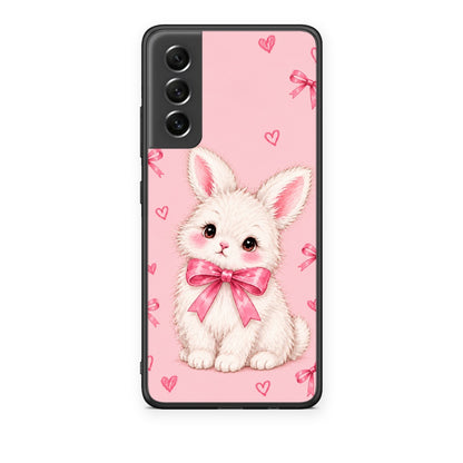 Θήκη Samsung Galaxy S21 FE White Bunny and Pink Bows από τη Smartfits με σχέδιο στο πίσω μέρος και μαύρο περίβλημα | Samsung Galaxy S21 FE White Bunny and Pink Bows case with colorful back and black bezels