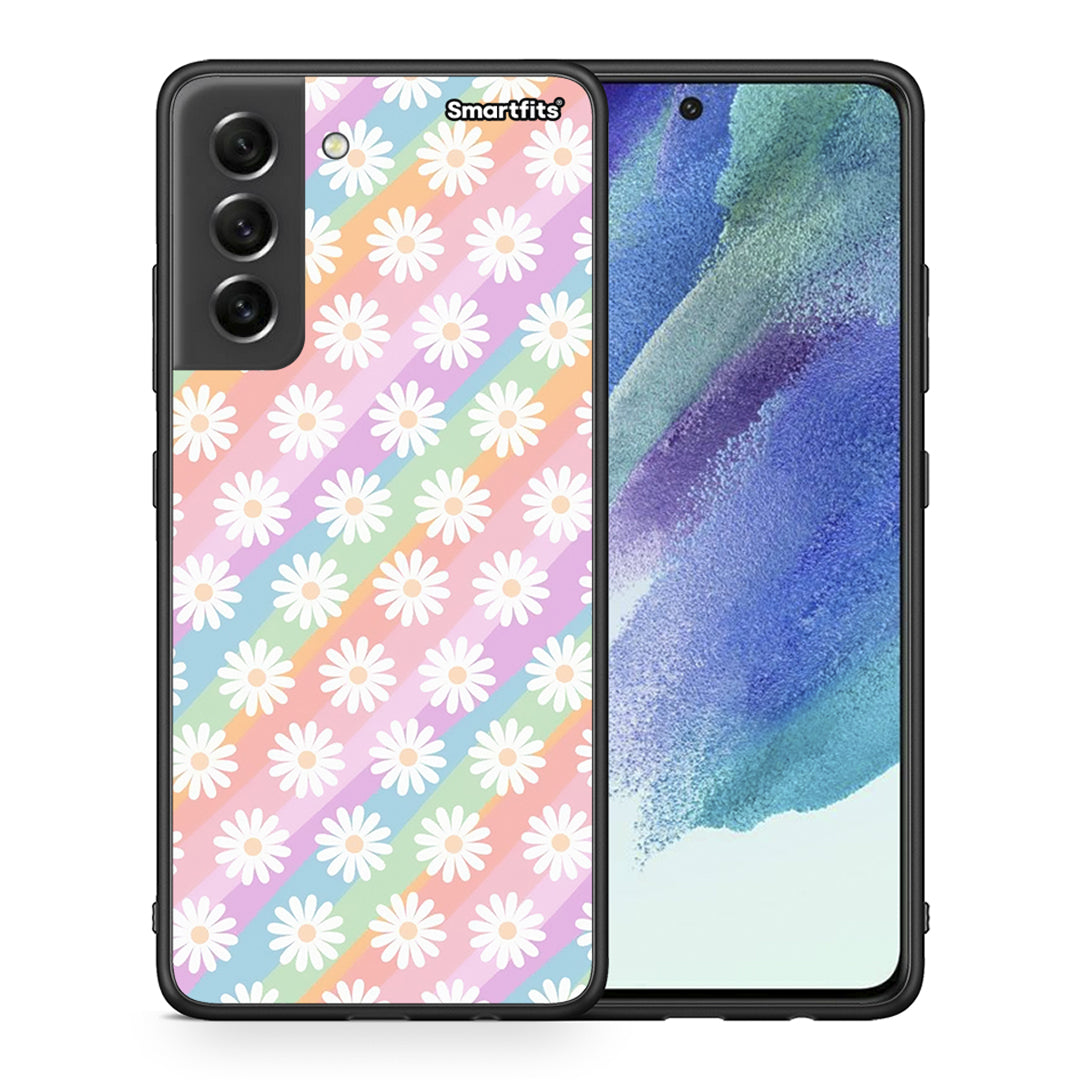Θήκη Samsung S21 FE White Daisies από τη Smartfits με σχέδιο στο πίσω μέρος και μαύρο περίβλημα | Samsung S21 FE White Daisies case with colorful back and black bezels