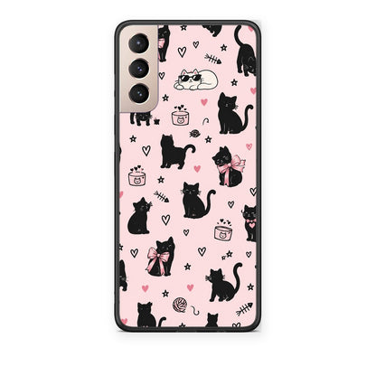 Θήκη Samsung Galaxy S21+ Black Cat Doodles on Pink από τη Smartfits με σχέδιο στο πίσω μέρος και μαύρο περίβλημα | Samsung Galaxy S21+ Black Cat Doodles on Pink case with colorful back and black bezels