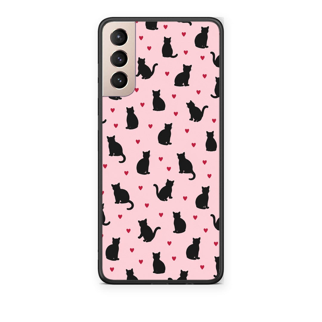Θήκη Samsung Galaxy S21+ Black Cat Silhouettes and Hearts on Pink από τη Smartfits με σχέδιο στο πίσω μέρος και μαύρο περίβλημα | Samsung Galaxy S21+ Black Cat Silhouettes and Hearts on Pink case with colorful back and black bezels