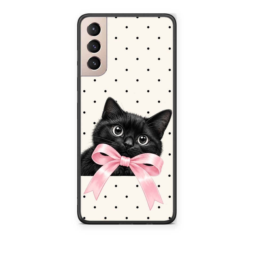 Θήκη Samsung Galaxy S21+ Black Kitten Pink Bow and Polka Dots από τη Smartfits με σχέδιο στο πίσω μέρος και μαύρο περίβλημα | Samsung Galaxy S21+ Black Kitten Pink Bow and Polka Dots case with colorful back and black bezels