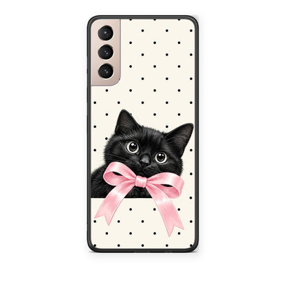 Θήκη Samsung Galaxy S21+ Black Kitten Pink Bow and Polka Dots από τη Smartfits με σχέδιο στο πίσω μέρος και μαύρο περίβλημα | Samsung Galaxy S21+ Black Kitten Pink Bow and Polka Dots case with colorful back and black bezels