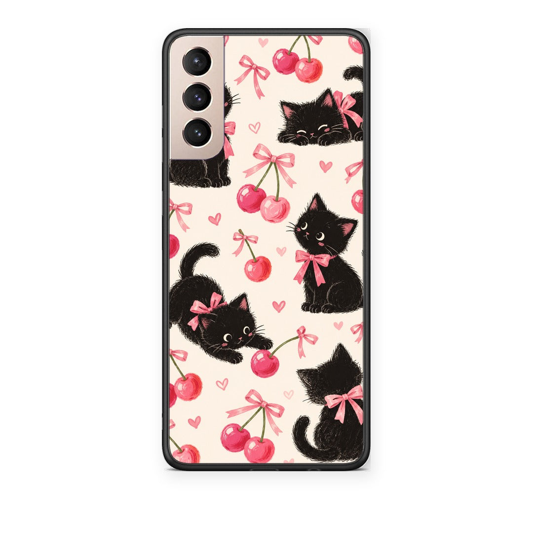 Θήκη Samsung Galaxy S21+ Black Kittens and Cherries on Cream από τη Smartfits με σχέδιο στο πίσω μέρος και μαύρο περίβλημα | Samsung Galaxy S21+ Black Kittens and Cherries on Cream case with colorful back and black bezels