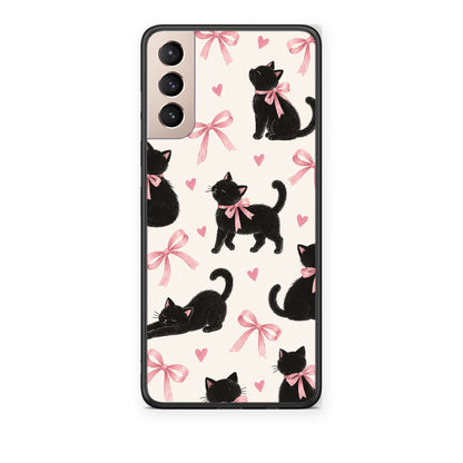 Θήκη Samsung Galaxy S21+ Black Kittens and Pink Bows on Cream Large από τη Smartfits με σχέδιο στο πίσω μέρος και μαύρο περίβλημα | Samsung Galaxy S21+ Black Kittens and Pink Bows on Cream Large case with colorful back and black bezels