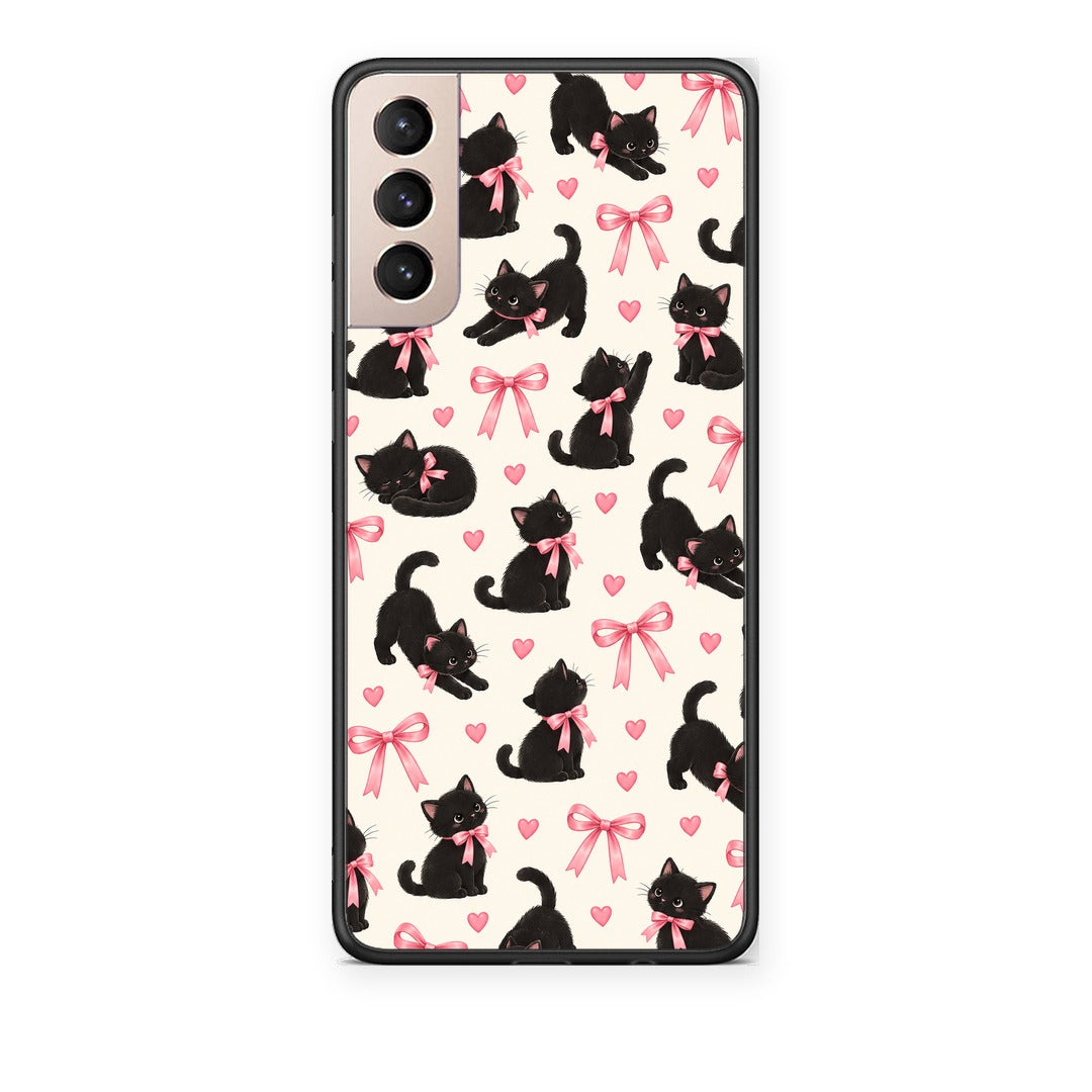 Θήκη Samsung Galaxy S21+ Black Kittens and Pink Bows on Cream Small από τη Smartfits με σχέδιο στο πίσω μέρος και μαύρο περίβλημα | Samsung Galaxy S21+ Black Kittens and Pink Bows on Cream Small case with colorful back and black bezels