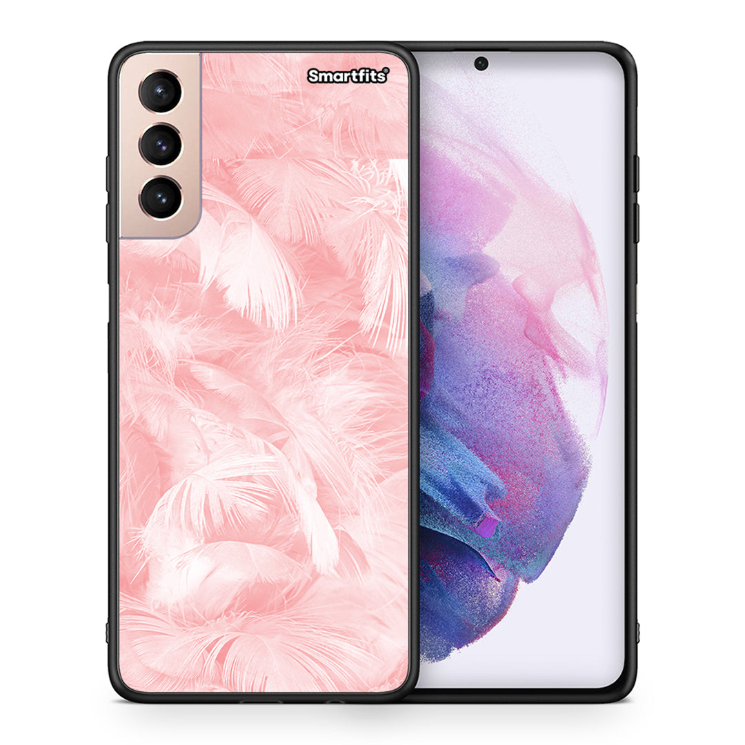 Θήκη Samsung S21+ Pink Feather Boho από τη Smartfits με σχέδιο στο πίσω μέρος και μαύρο περίβλημα | Samsung S21+ Pink Feather Boho case with colorful back and black bezels