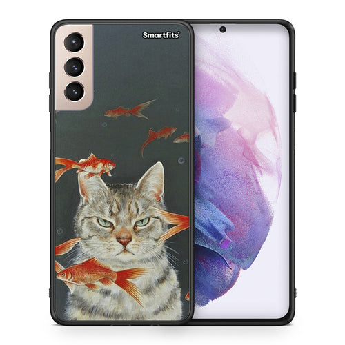 Θήκη Samsung S21+ Cat Goldfish από τη Smartfits με σχέδιο στο πίσω μέρος και μαύρο περίβλημα | Samsung S21+ Cat Goldfish case with colorful back and black bezels