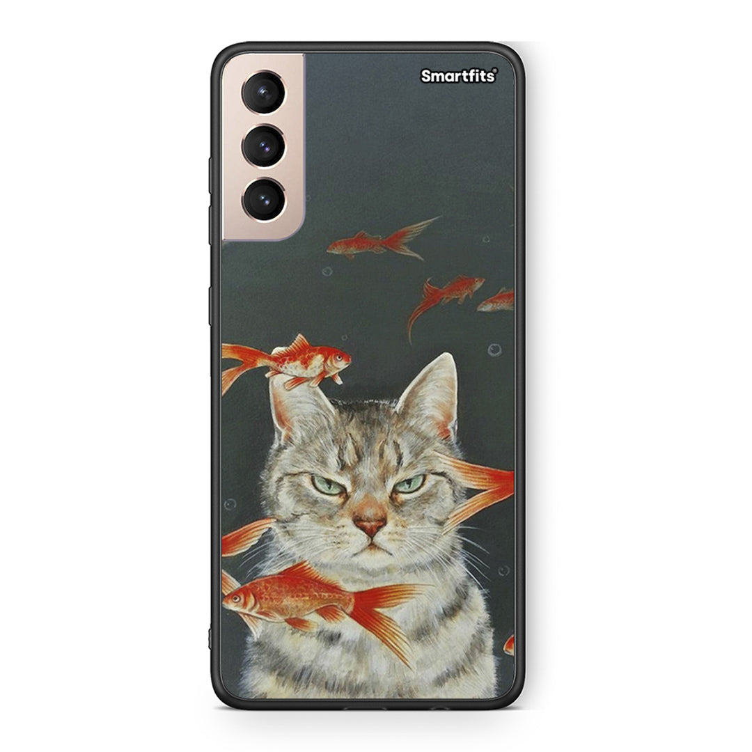 Samsung S21+ Cat Goldfish θήκη από τη Smartfits με σχέδιο στο πίσω μέρος και μαύρο περίβλημα | Smartphone case with colorful back and black bezels by Smartfits
