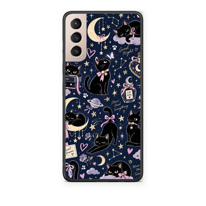 Θήκη Samsung Galaxy S21+ Celestial Black Cats on Navy από τη Smartfits με σχέδιο στο πίσω μέρος και μαύρο περίβλημα | Samsung Galaxy S21+ Celestial Black Cats on Navy case with colorful back and black bezels