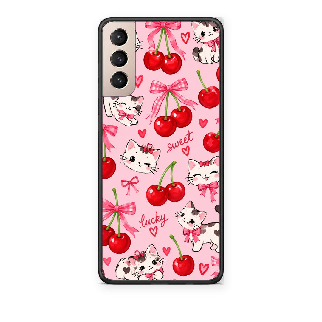 Θήκη Samsung Galaxy S21+ Cherries Bows and Kittens on Pink από τη Smartfits με σχέδιο στο πίσω μέρος και μαύρο περίβλημα | Samsung Galaxy S21+ Cherries Bows and Kittens on Pink case with colorful back and black bezels