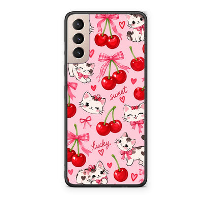 Θήκη Samsung Galaxy S21+ Cherries Bows and Kittens on Pink από τη Smartfits με σχέδιο στο πίσω μέρος και μαύρο περίβλημα | Samsung Galaxy S21+ Cherries Bows and Kittens on Pink case with colorful back and black bezels