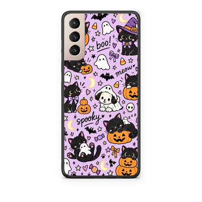Θήκη Samsung Galaxy S21+ Halloween Black Cats on Lilac από τη Smartfits με σχέδιο στο πίσω μέρος και μαύρο περίβλημα | Samsung Galaxy S21+ Halloween Black Cats on Lilac case with colorful back and black bezels