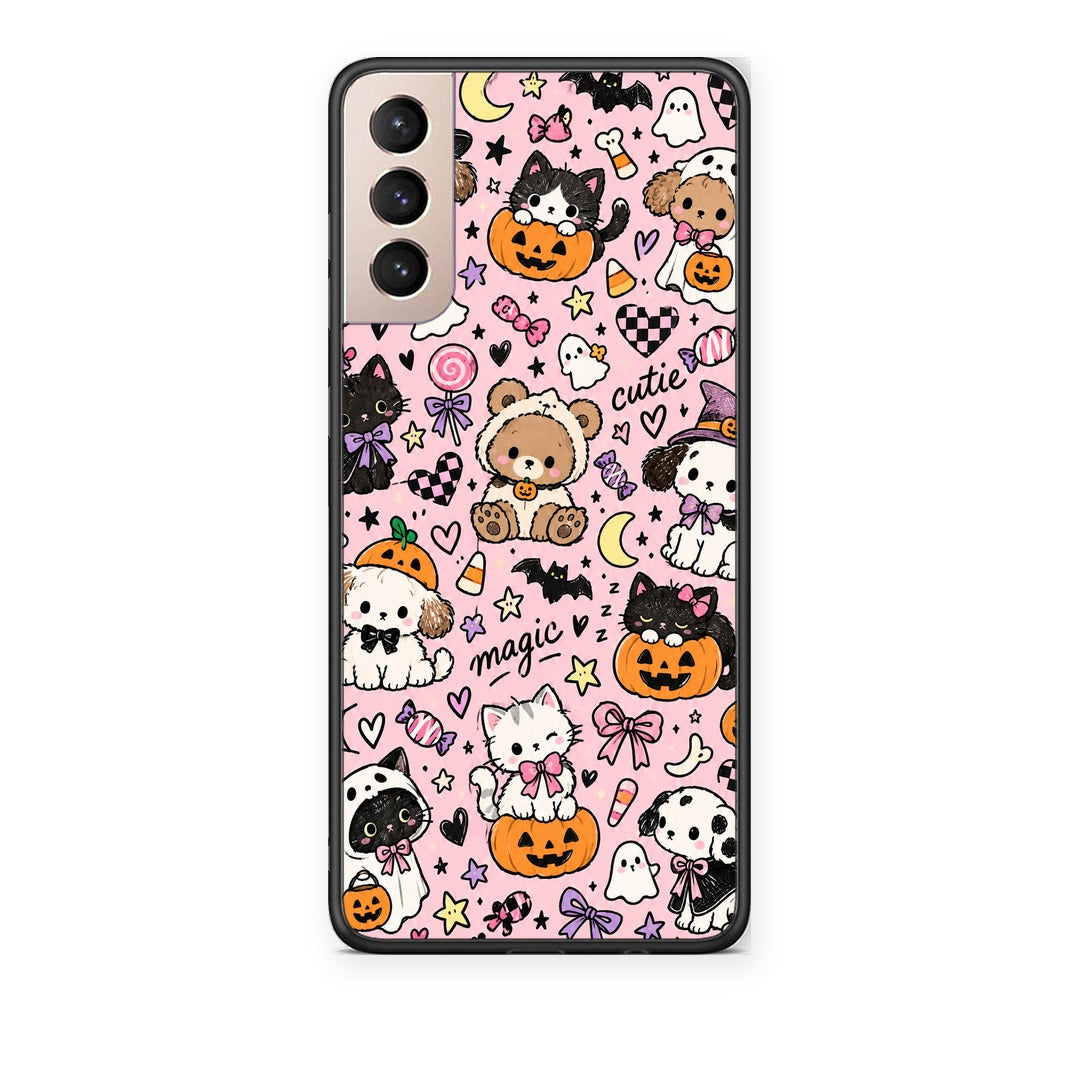 Θήκη Samsung Galaxy S21+ Halloween Cute Animals on Pink από τη Smartfits με σχέδιο στο πίσω μέρος και μαύρο περίβλημα | Samsung Galaxy S21+ Halloween Cute Animals on Pink case with colorful back and black bezels