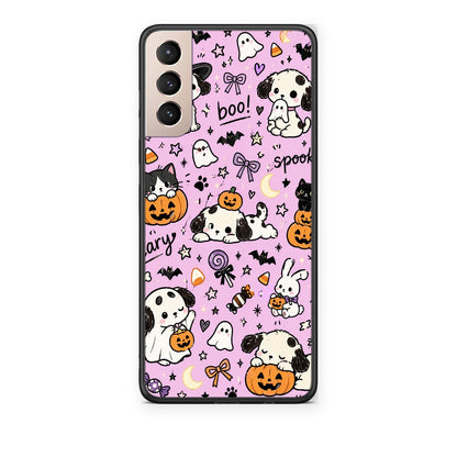 Θήκη Samsung Galaxy S21+ Halloween Puppies and Friends on Lilac από τη Smartfits με σχέδιο στο πίσω μέρος και μαύρο περίβλημα | Samsung Galaxy S21+ Halloween Puppies and Friends on Lilac case with colorful back and black bezels
