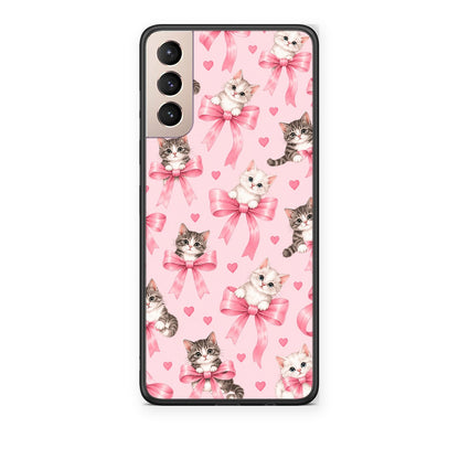 Θήκη Samsung Galaxy S21+ Kittens and Pink Bows on Pink από τη Smartfits με σχέδιο στο πίσω μέρος και μαύρο περίβλημα | Samsung Galaxy S21+ Kittens and Pink Bows on Pink case with colorful back and black bezels