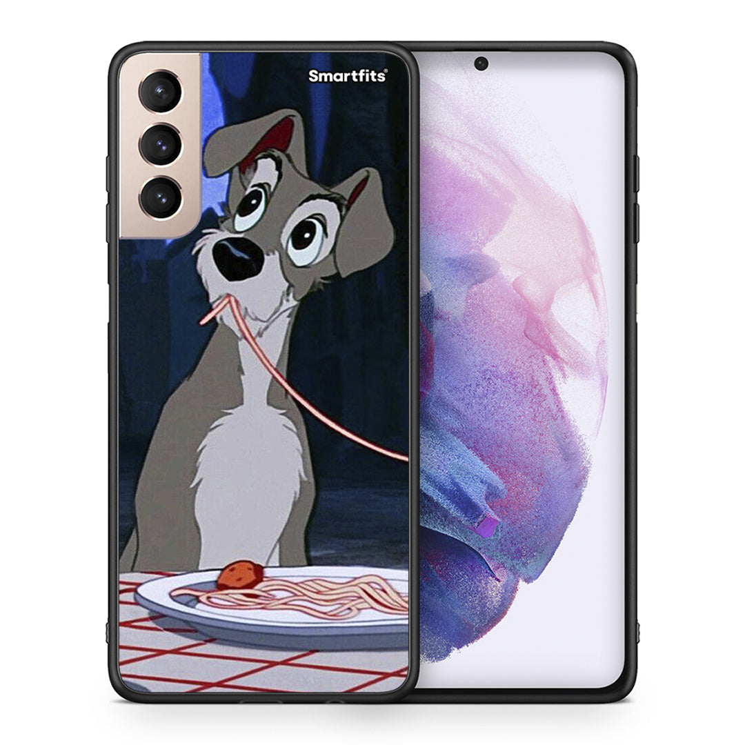 Θήκη Αγίου Βαλεντίνου Samsung S21+ Lady And Tramp 1 από τη Smartfits με σχέδιο στο πίσω μέρος και μαύρο περίβλημα | Samsung S21+ Lady And Tramp 1 case with colorful back and black bezels