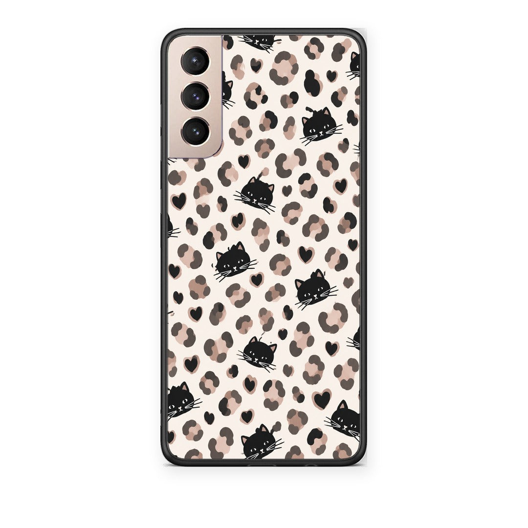Θήκη Samsung Galaxy S21+ Leopard Spots and Black Cats on Cream από τη Smartfits με σχέδιο στο πίσω μέρος και μαύρο περίβλημα | Samsung Galaxy S21+ Leopard Spots and Black Cats on Cream case with colorful back and black bezels