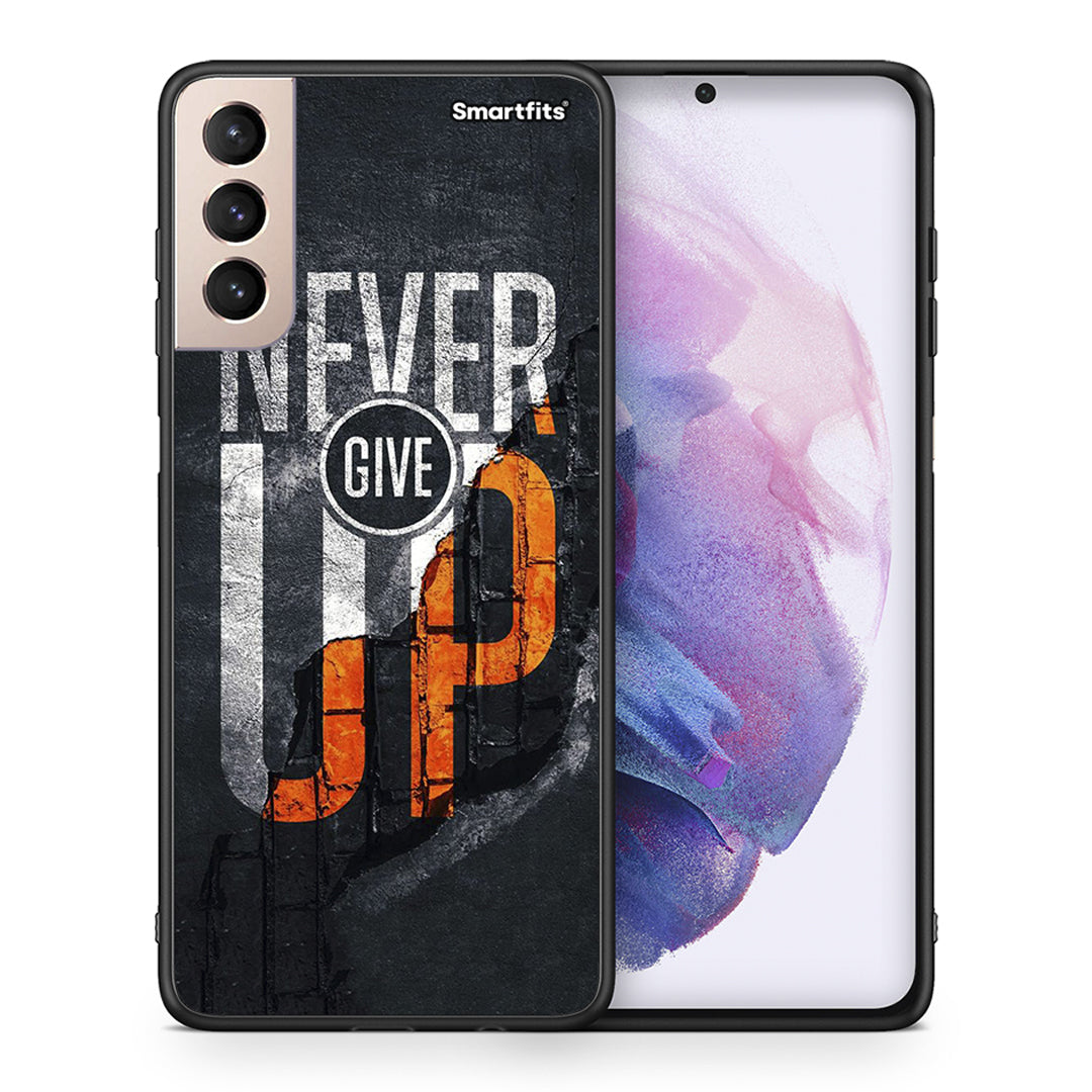 Θήκη Αγίου Βαλεντίνου Samsung S21+ Never Give Up από τη Smartfits με σχέδιο στο πίσω μέρος και μαύρο περίβλημα | Samsung S21+ Never Give Up case with colorful back and black bezels