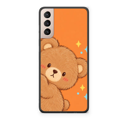 Θήκη Samsung Galaxy S21+ Peekaboo Teddy on Orange από τη Smartfits με σχέδιο στο πίσω μέρος και μαύρο περίβλημα | Samsung Galaxy S21+ Peekaboo Teddy on Orange case with colorful back and black bezels