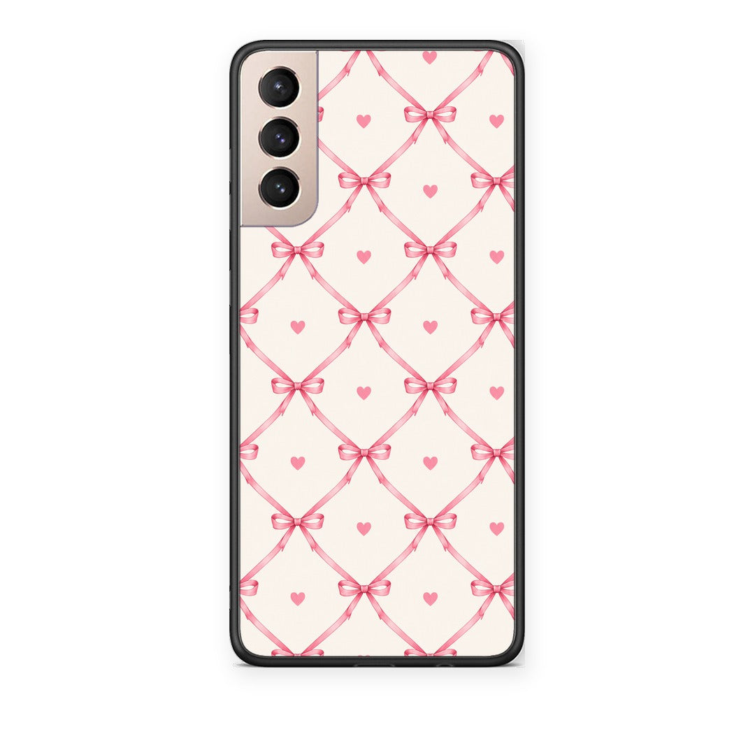 Θήκη Samsung Galaxy S21+ Pink Bow Lattice and Hearts on Cream από τη Smartfits με σχέδιο στο πίσω μέρος και μαύρο περίβλημα | Samsung Galaxy S21+ Pink Bow Lattice and Hearts on Cream case with colorful back and black bezels
