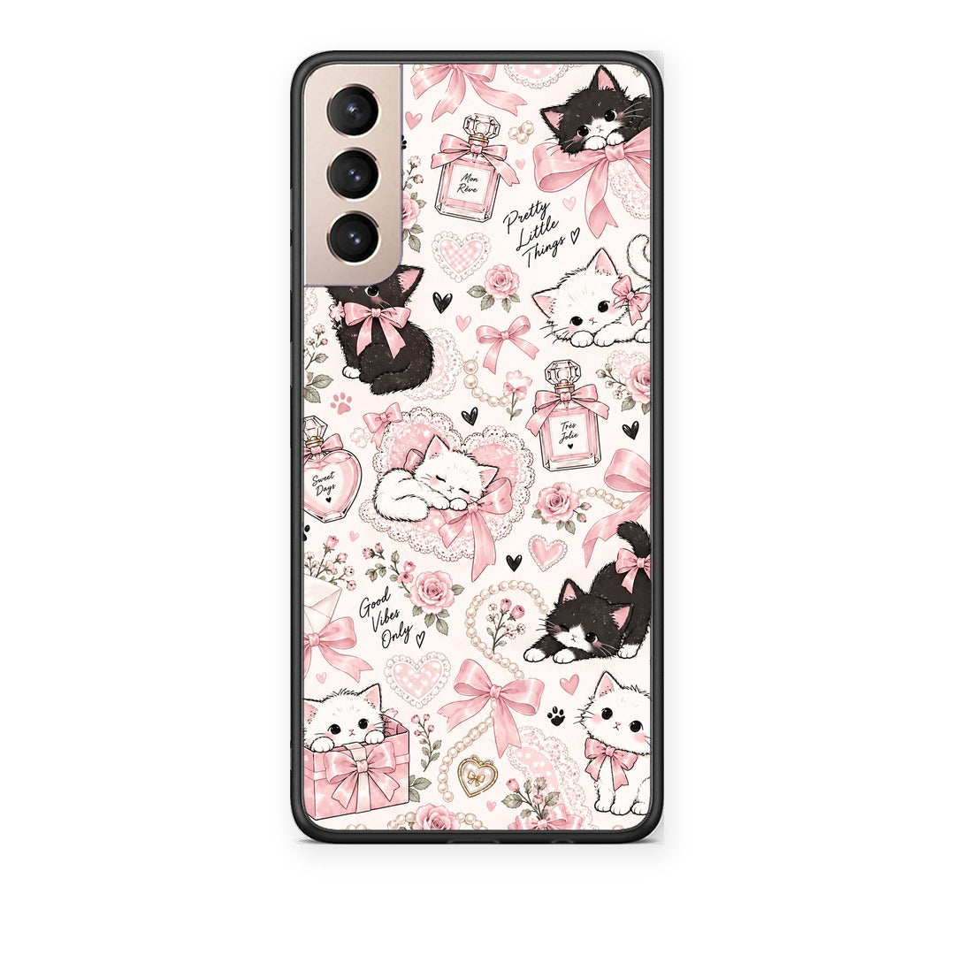 Θήκη Samsung Galaxy S21+ Pink Bows and Kittens Collage από τη Smartfits με σχέδιο στο πίσω μέρος και μαύρο περίβλημα | Samsung Galaxy S21+ Pink Bows and Kittens Collage case with colorful back and black bezels