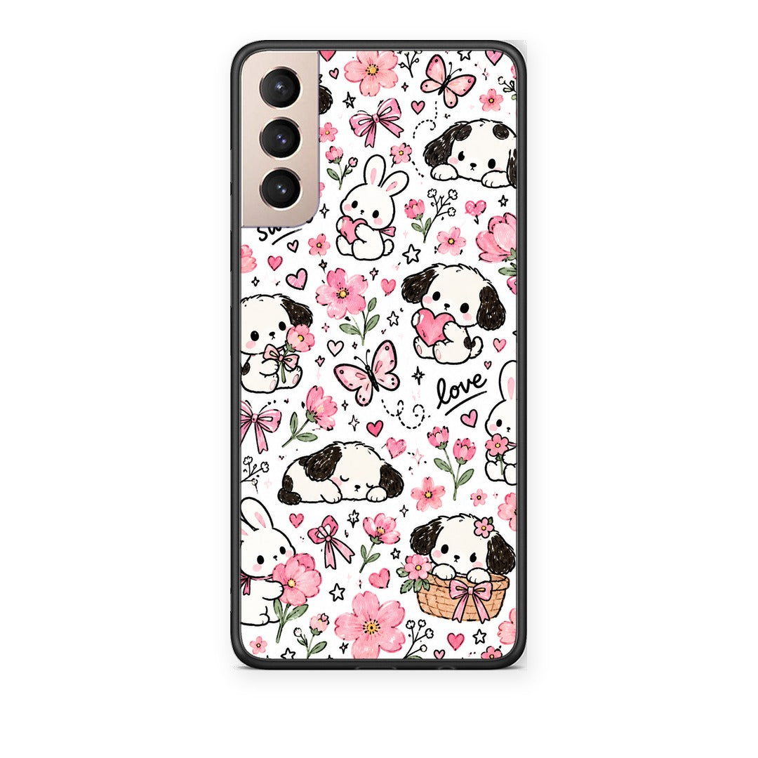 Θήκη Samsung Galaxy S21+ Pink Florals Puppies and Bunnies on White από τη Smartfits με σχέδιο στο πίσω μέρος και μαύρο περίβλημα | Samsung Galaxy S21+ Pink Florals Puppies and Bunnies on White case with colorful back and black bezels
