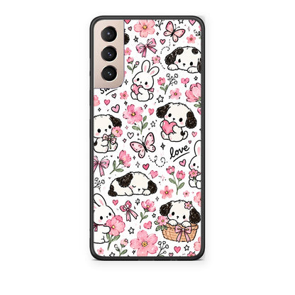 Θήκη Samsung Galaxy S21+ Pink Florals Puppies and Bunnies on White από τη Smartfits με σχέδιο στο πίσω μέρος και μαύρο περίβλημα | Samsung Galaxy S21+ Pink Florals Puppies and Bunnies on White case with colorful back and black bezels