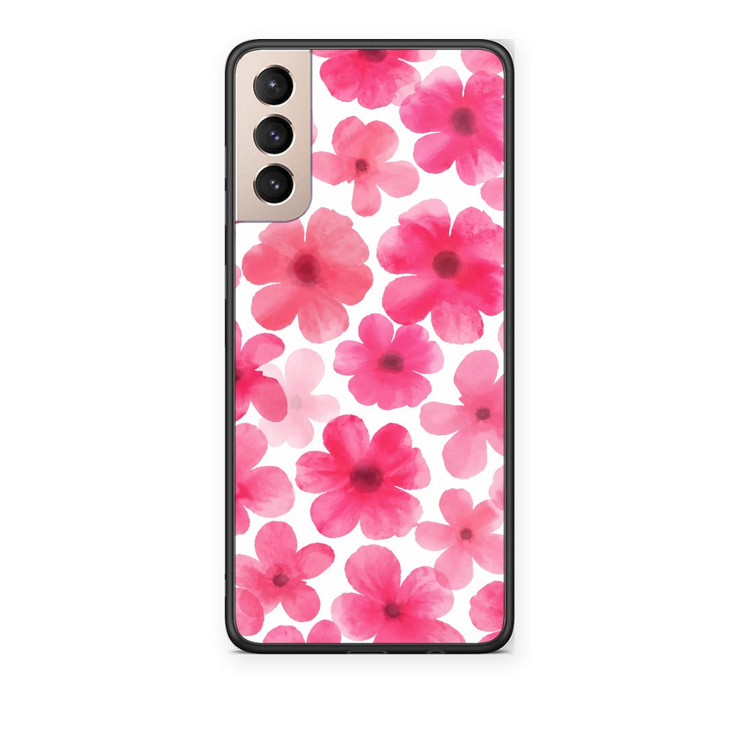 Θήκη Samsung Galaxy S21+ Pink Watercolour Flowers on White από τη Smartfits με σχέδιο στο πίσω μέρος και μαύρο περίβλημα | Samsung Galaxy S21+ Pink Watercolour Flowers on White case with colorful back and black bezels